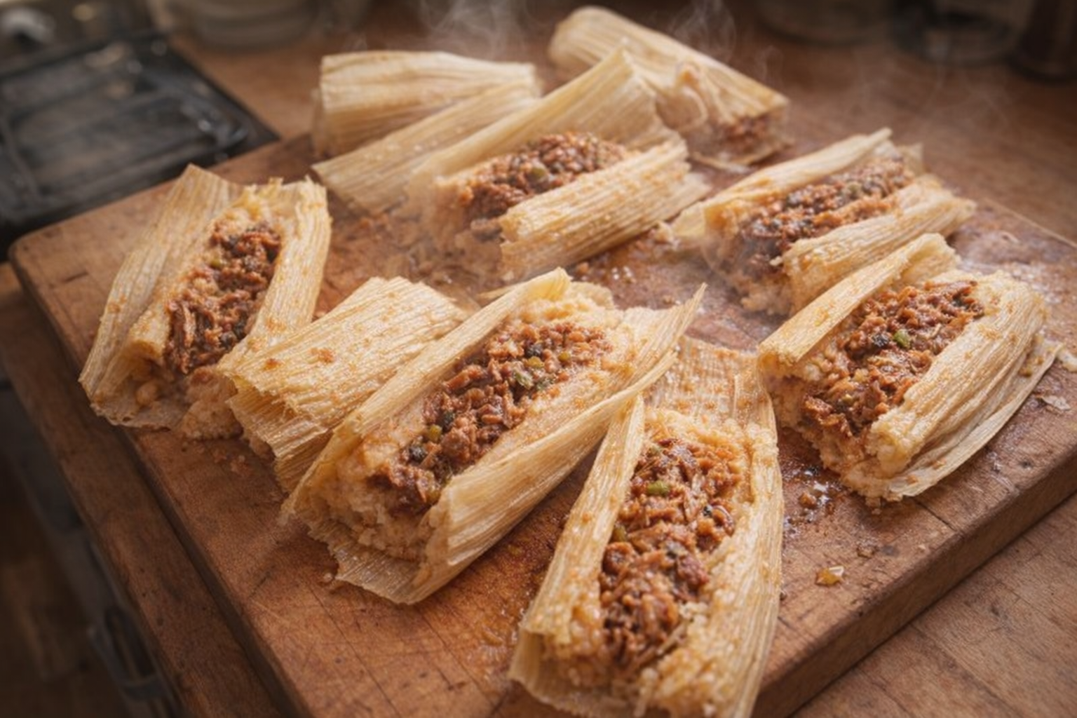 A top-down, warm-lit shot of several freshly steamed tamales, unwrapped to reveal the savory filling, arranged on a wooden cutting board